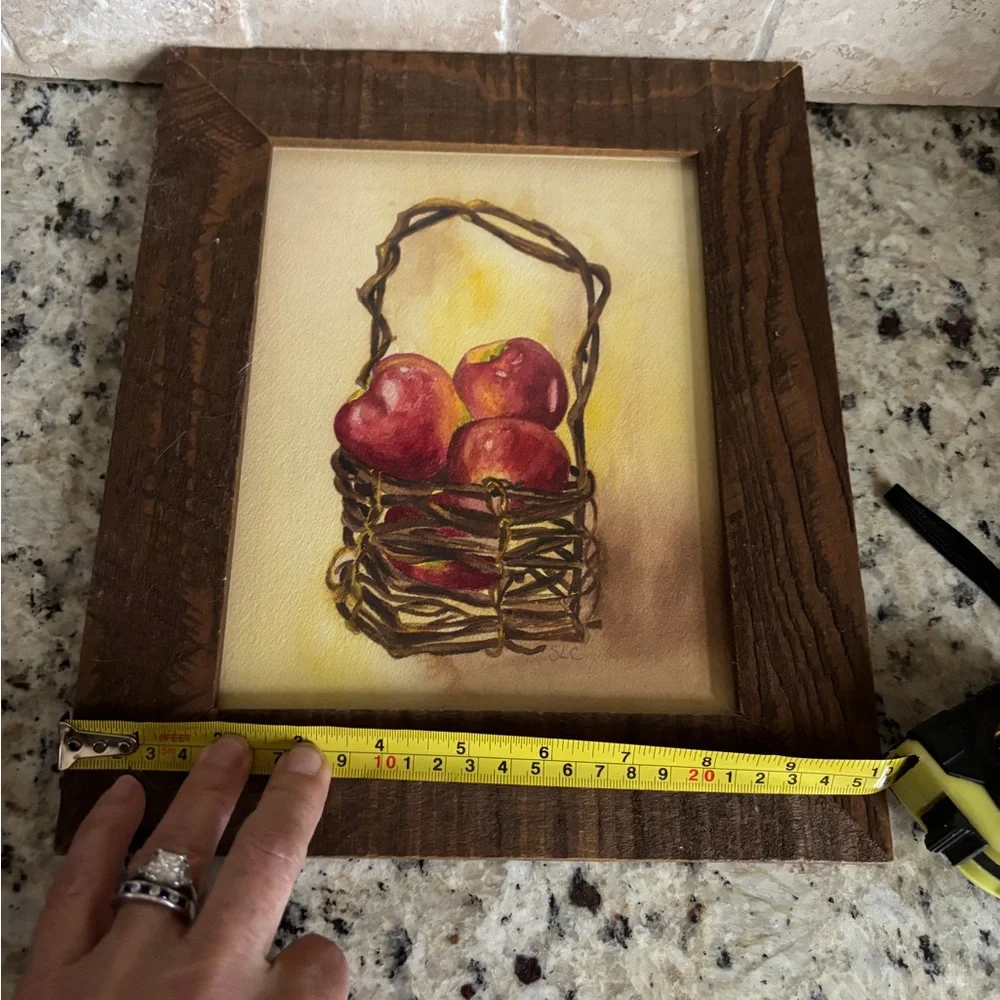 Vintage Original Artwork Watercolor of Apples in a Basket Folkart Hand Painted